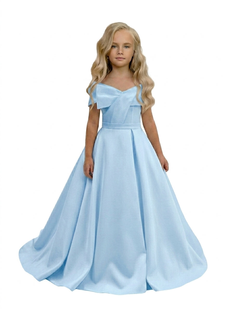 GIRWEM GRFL1005 Baby Blue Studio Front Satin Flower Girl Dress