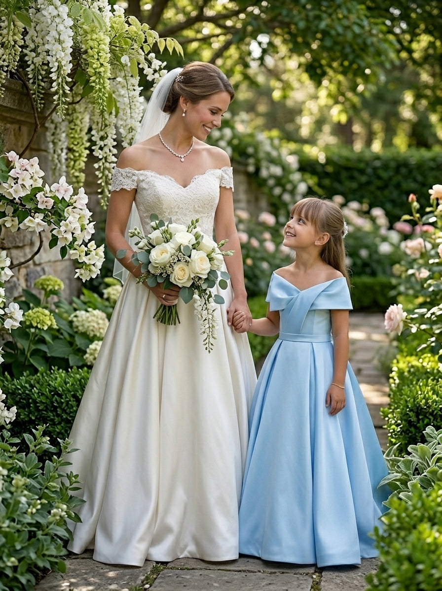 GIRWEM GRFL1005 Baby Blue Wedding with Bride Satin Flower Girl Dress