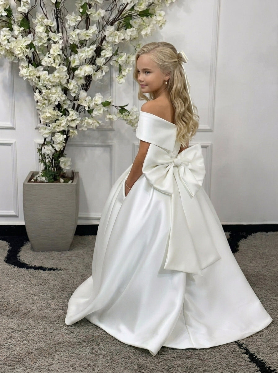 GIRWEM GRFL1005 White Back Three Quarter Satin Flower Girl Dress