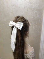 GIRWEM GRFL1005 White Hair Bow Detail Satin Flower Girl Dress