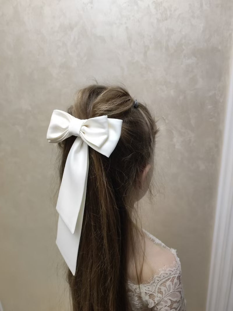 GIRWEM GRFL1005 White Hair Bow Detail Satin Flower Girl Dress