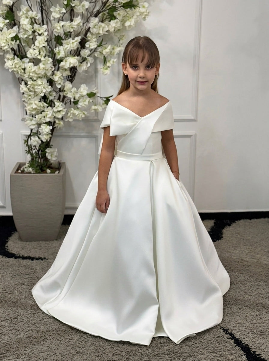 GIRWEM GRFL1005 White Indoor Brunette Front Satin Flower Girl Dress