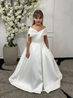 GIRWEM GRFL1005 White Indoor Brunette Front Satin Flower Girl Dress
