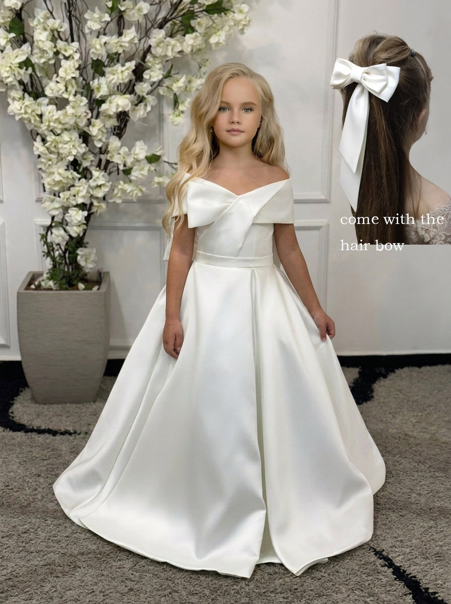 GIRWEM GRFL1005 White Indoor Hair Bow Collage Satin Flower Girl Dress