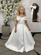 GIRWEM GRFL1005 White Indoor Hair Bow Collage Satin Flower Girl Dress
