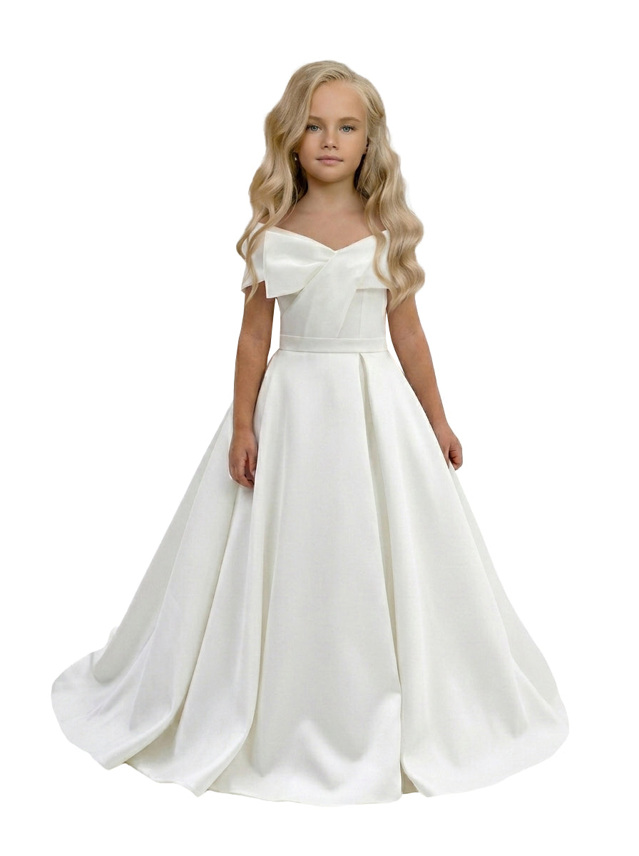GIRWEM GRFL1005 White Studio Front Satin Flower Girl Dress