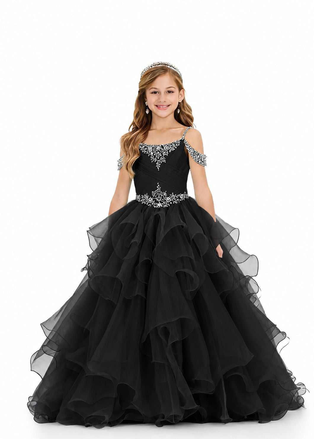 Girls' black off-shoulder ruffle sparkling rhinestone pageant ball gown – Girwem GRPD10002