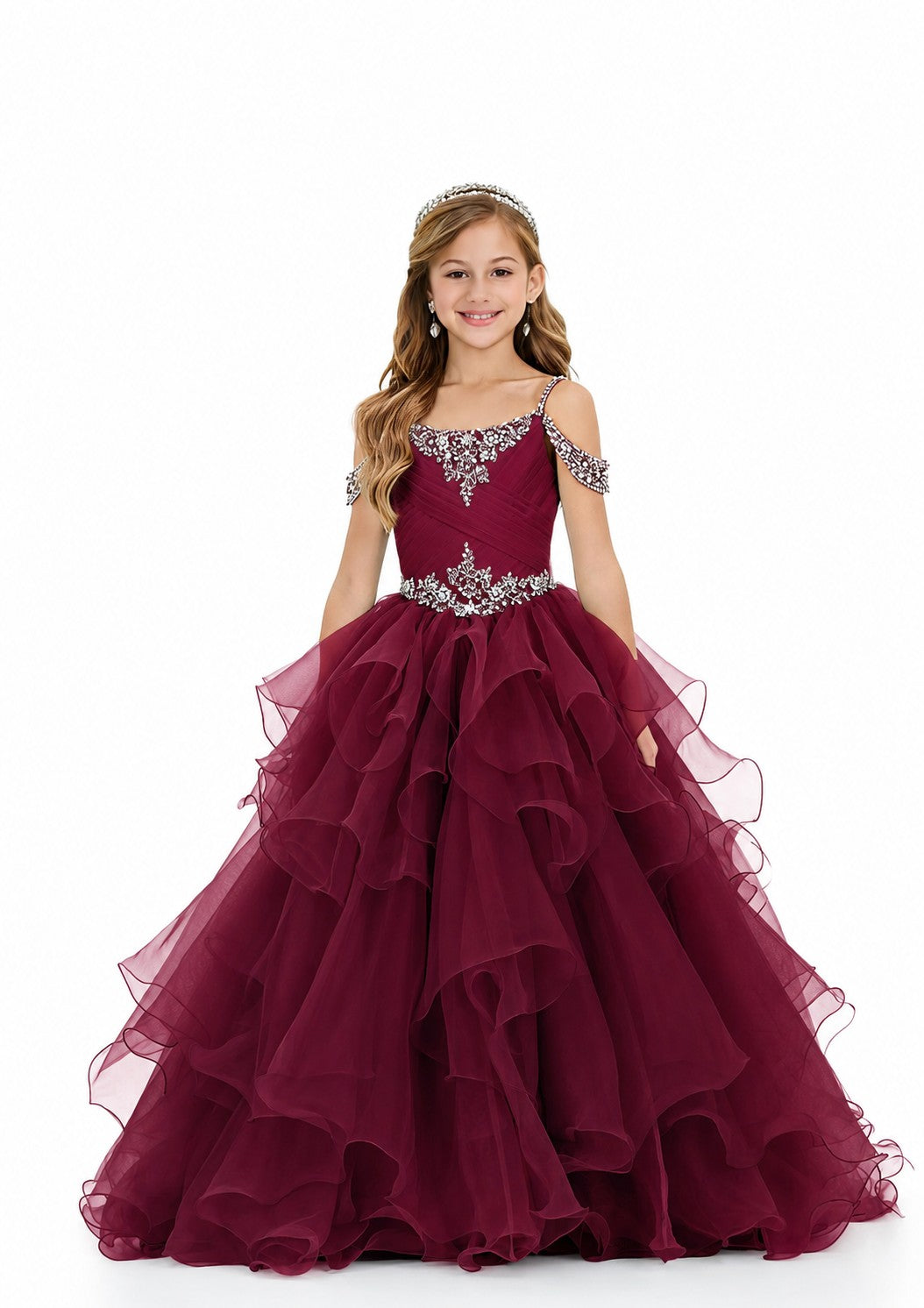Girls' burgundy off-shoulder ruffle sparkling rhinestone pageant ball gown – Girwem GRPD10002