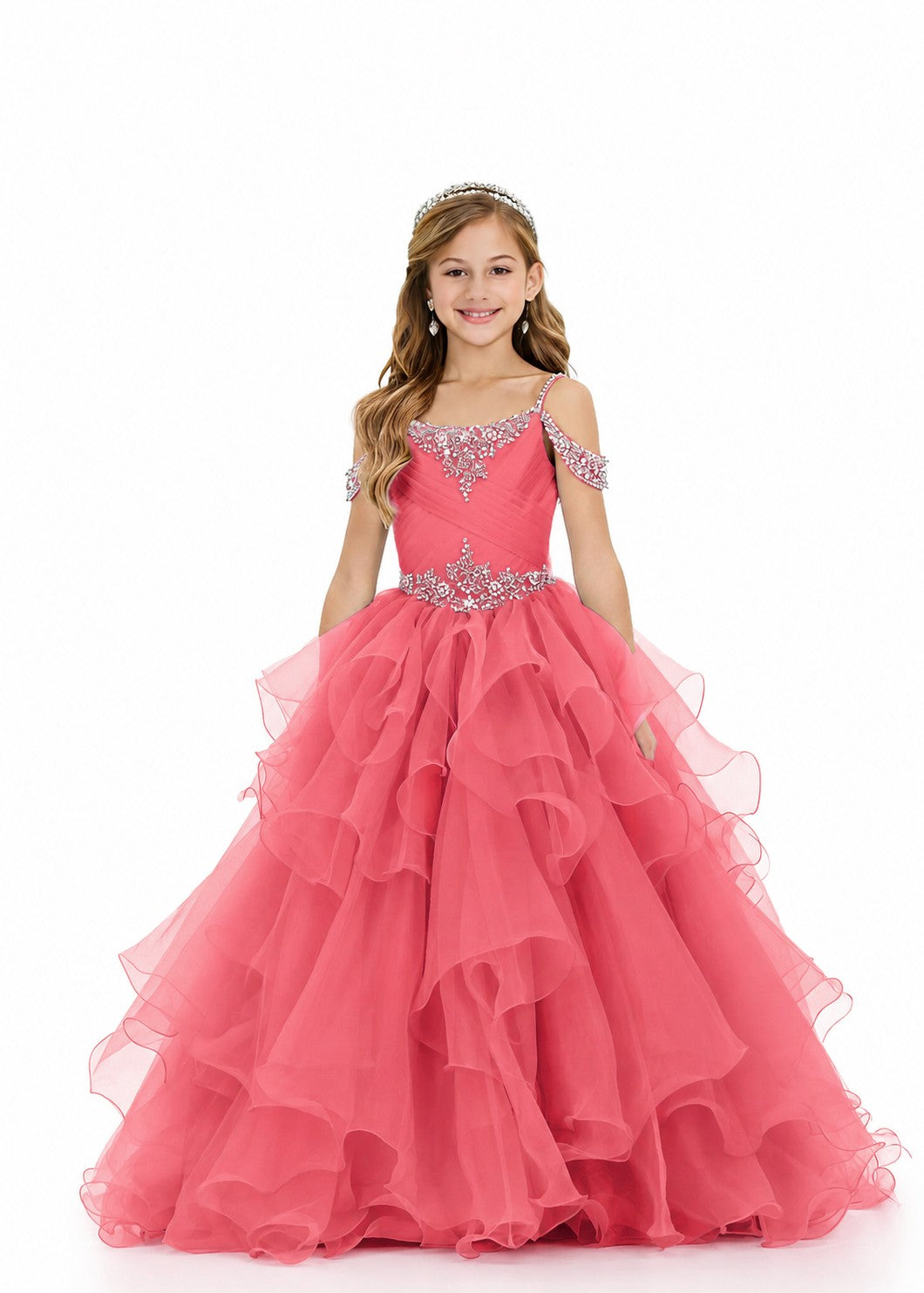 Girls' coral off-shoulder ruffle sparkling rhinestone pageant ball gown – Girwem GRPD10002