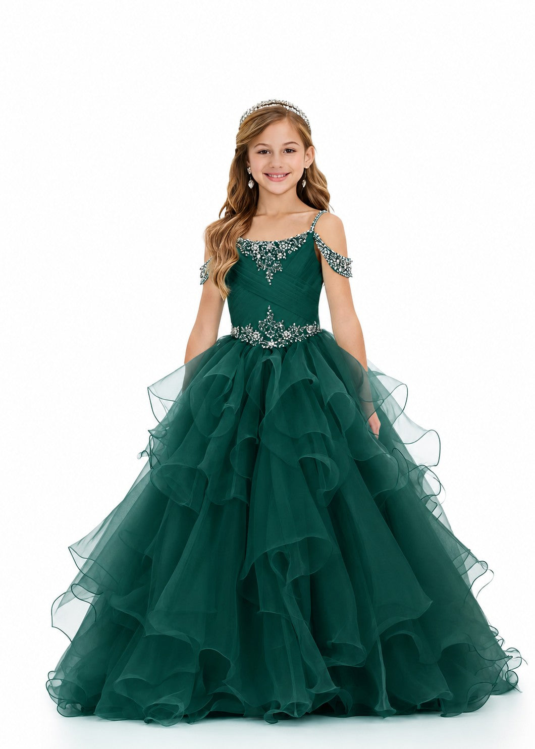 Girls' emerald green off-shoulder ruffle sparkling rhinestone pageant ball gown – Girwem GRPD10002