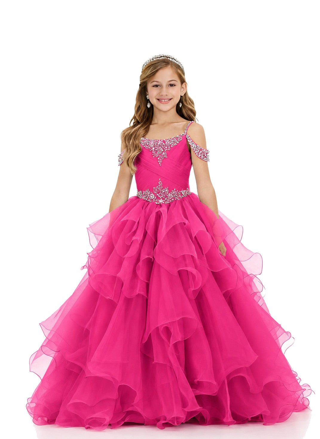 Girls' fuchsia off-shoulder ruffle sparkling rhinestone pageant ball gown – Girwem GRPD10002