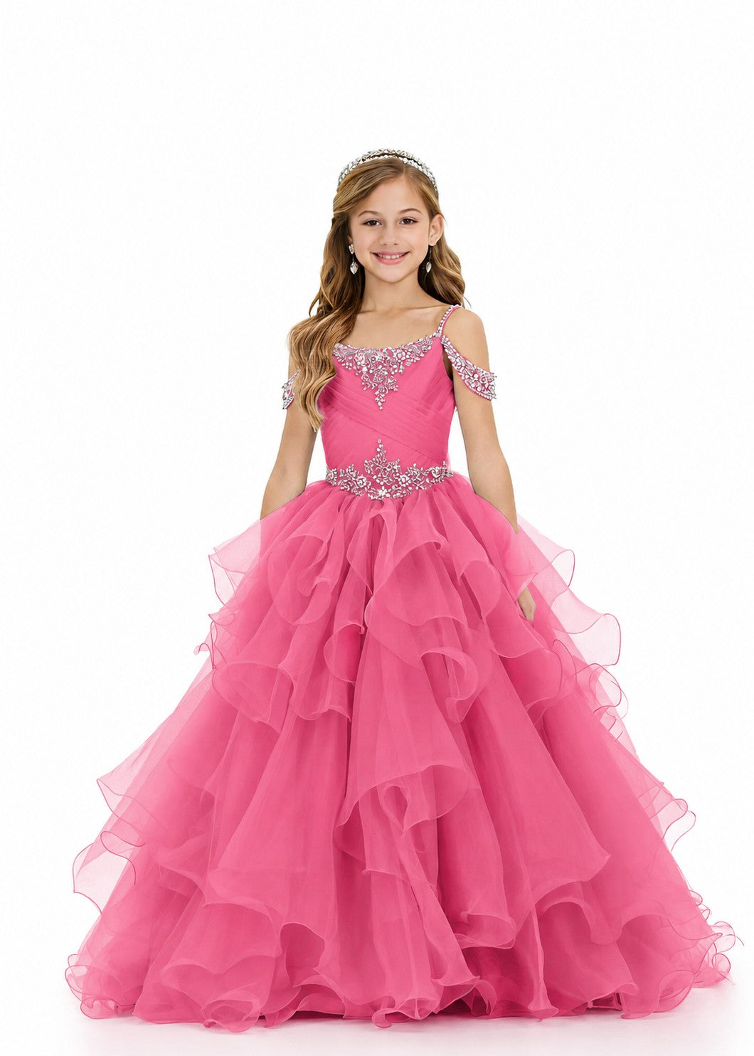 Girls' hot pink off-shoulder ruffle sparkling rhinestone pageant ball gown – Girwem GRPD10002