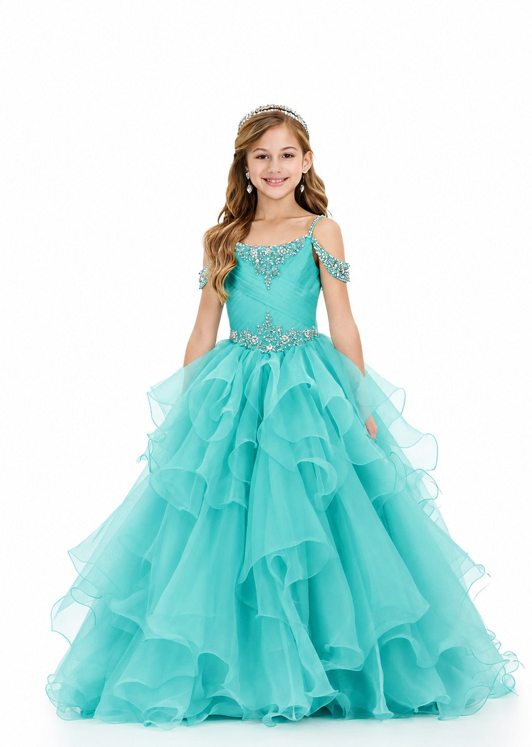Girls' jade off-shoulder ruffle sparkling rhinestone pageant ball gown – Girwem GRPD10002