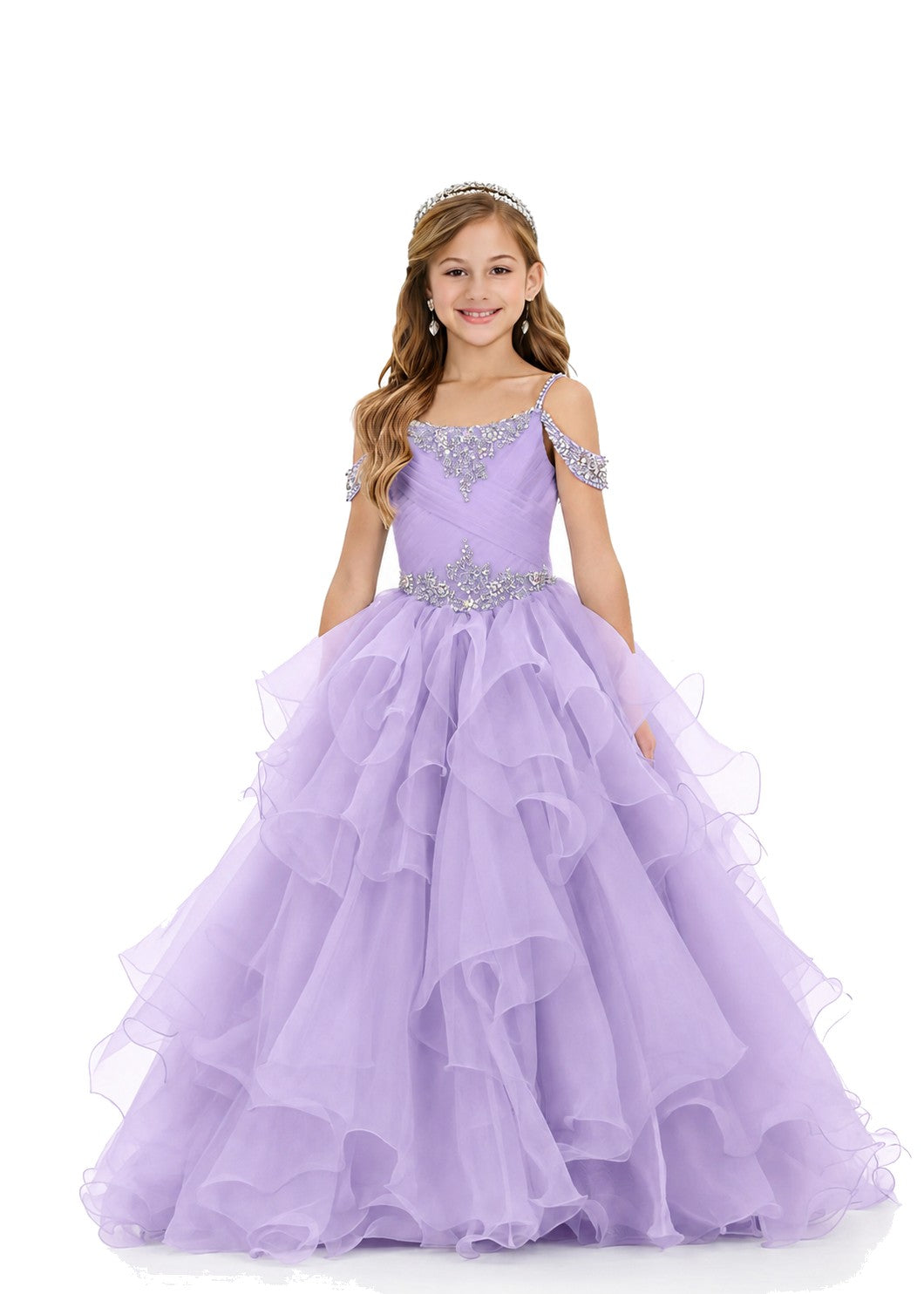 Girls' lavender off-shoulder ruffle sparkling rhinestone pageant ball gown – Girwem GRPD10002
