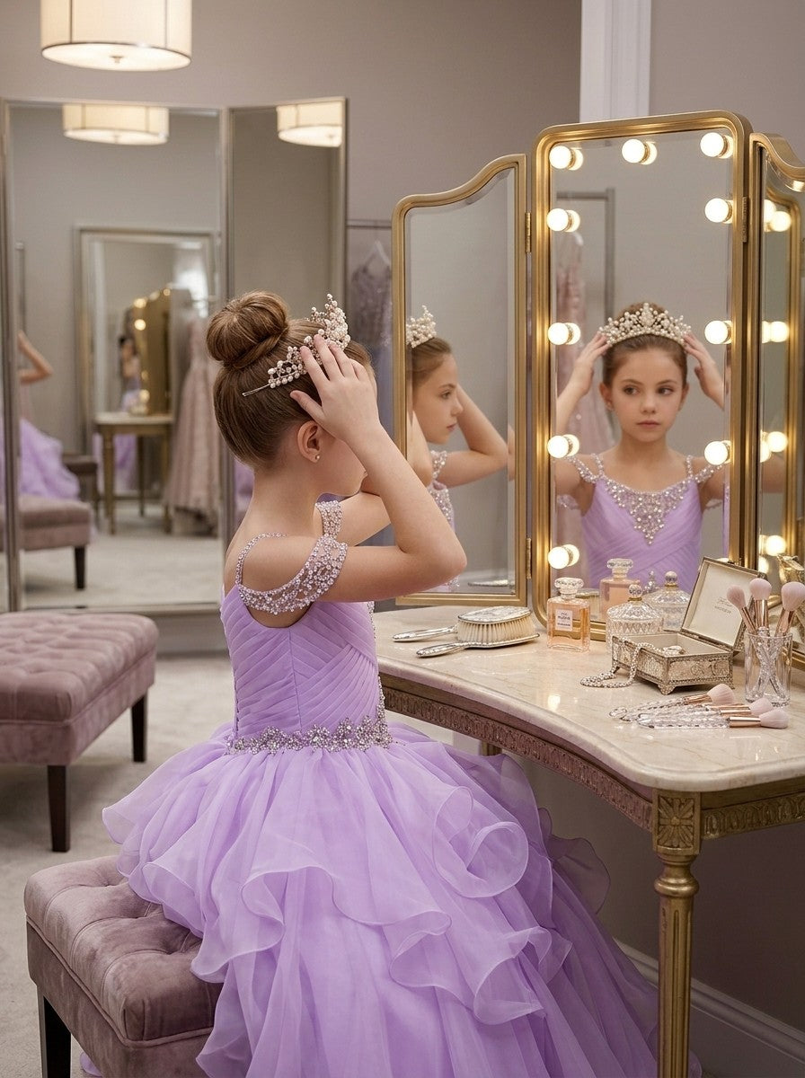 Girls' lavender off-shoulder ruffle sparkling rhinestone pageant dress, alternate view 2 – Girwem GRPD10002