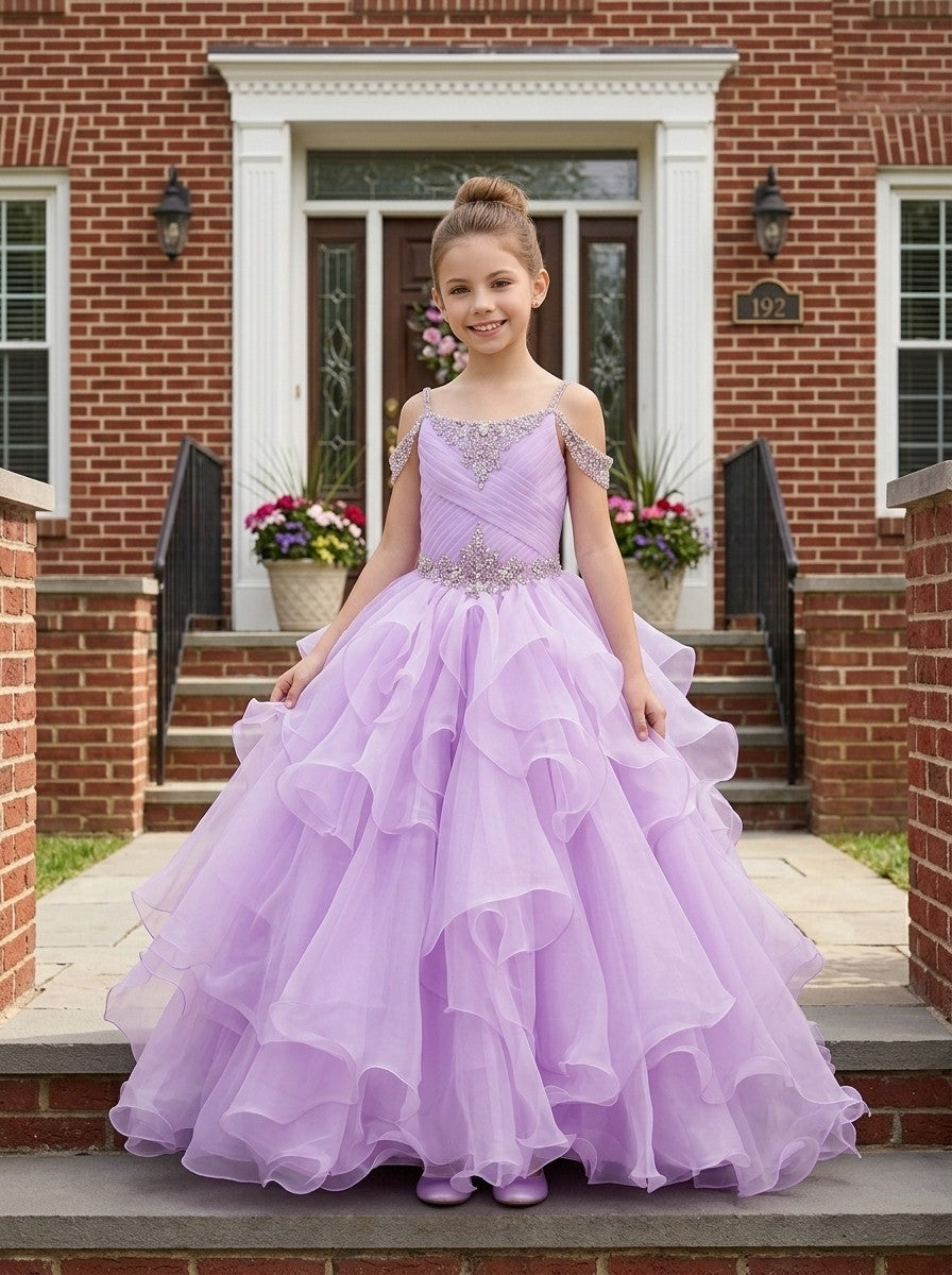 Girls' lavender off-shoulder ruffle sparkling rhinestone pageant dress, alternate view 3 – Girwem GRPD10002
