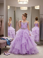 Girls' lavender off-shoulder ruffle sparkling rhinestone pageant dress, alternate view 4 – Girwem GRPD10002