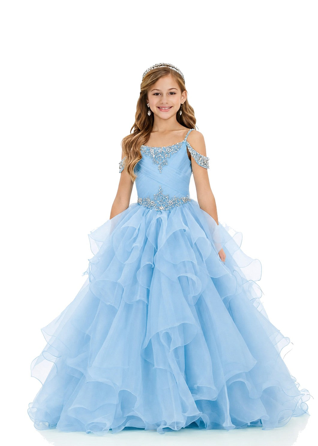 Girls' light blue off-shoulder ruffle sparkling rhinestone pageant ball gown – Girwem GRPD10002