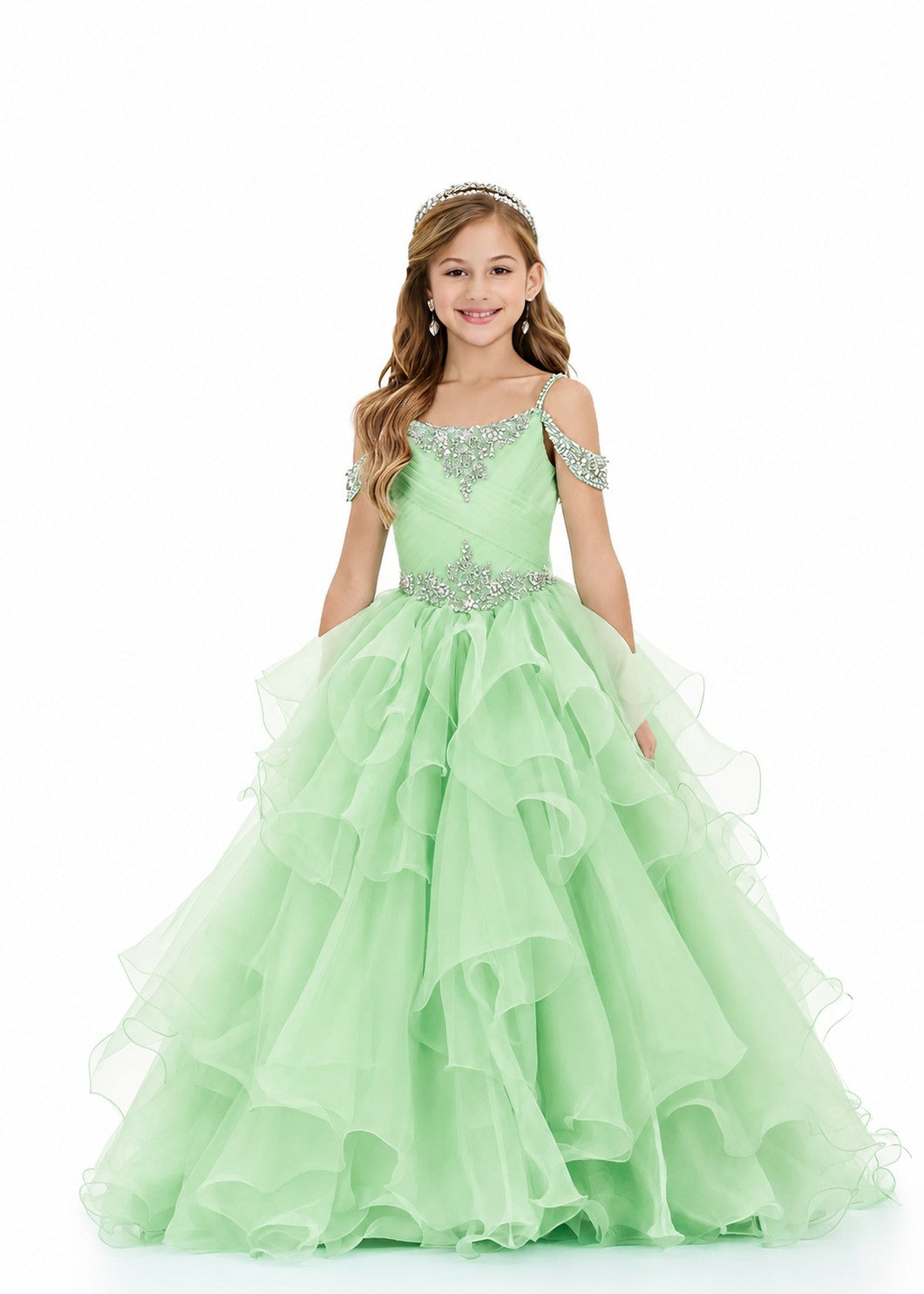 Girls' mint green off-shoulder ruffle sparkling rhinestone pageant ball gown – Girwem GRPD10002