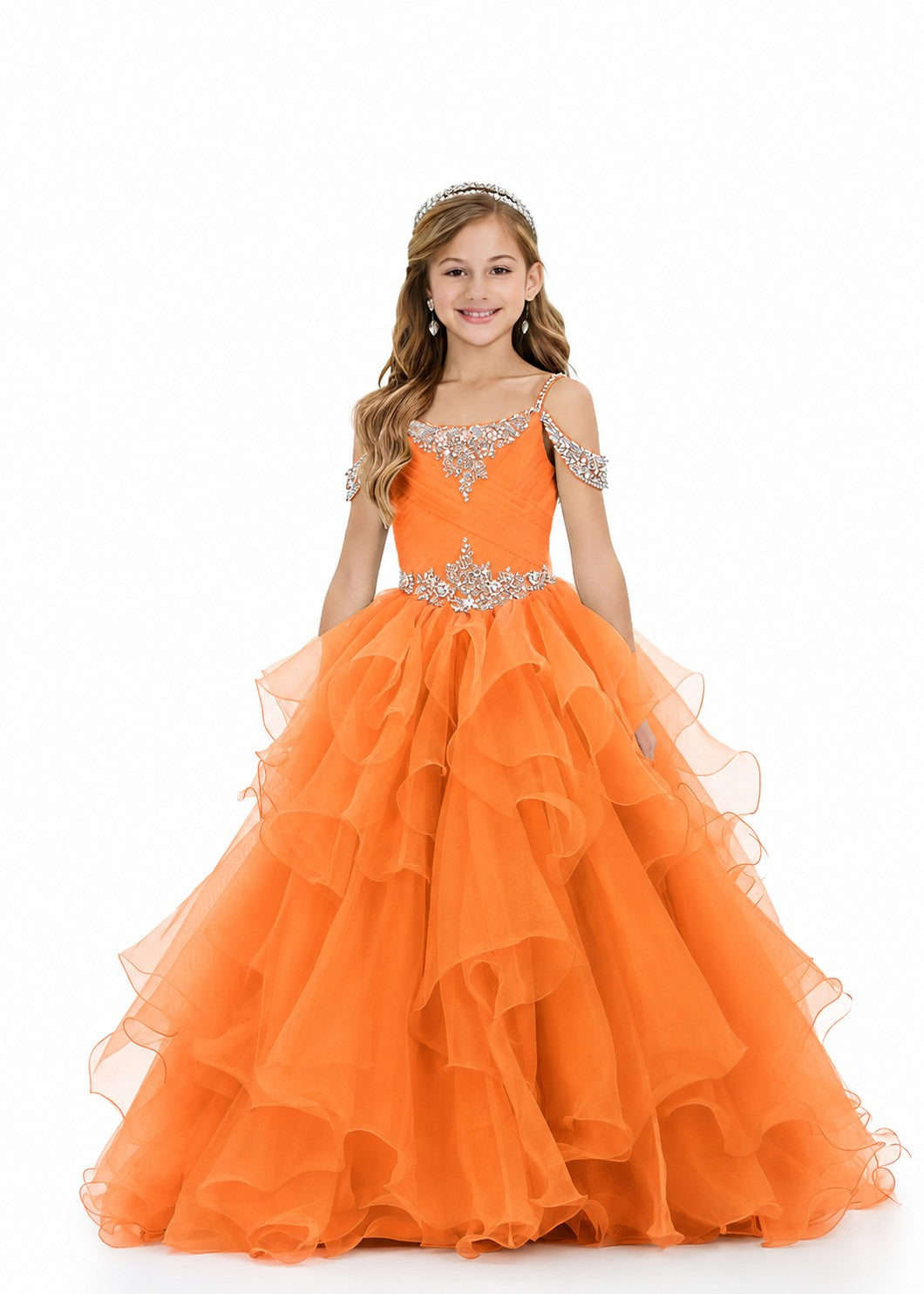 Girls' orange off-shoulder ruffle sparkling rhinestone pageant ball gown – Girwem GRPD10002