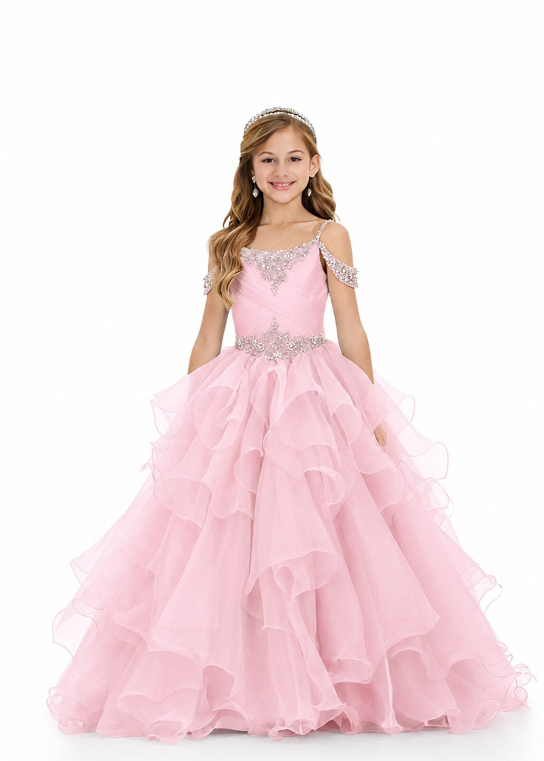Girls' pink off-shoulder ruffle sparkling rhinestone pageant ball gown – Girwem GRPD10002