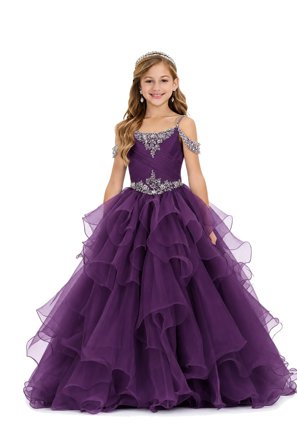Girls' plum off-shoulder ruffle sparkling rhinestone pageant ball gown – Girwem GRPD10002