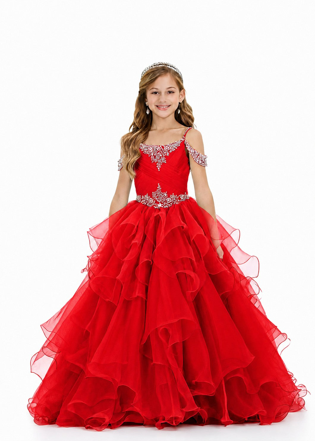 Girls' red off-shoulder ruffle sparkling rhinestone pageant ball gown – Girwem GRPD10002