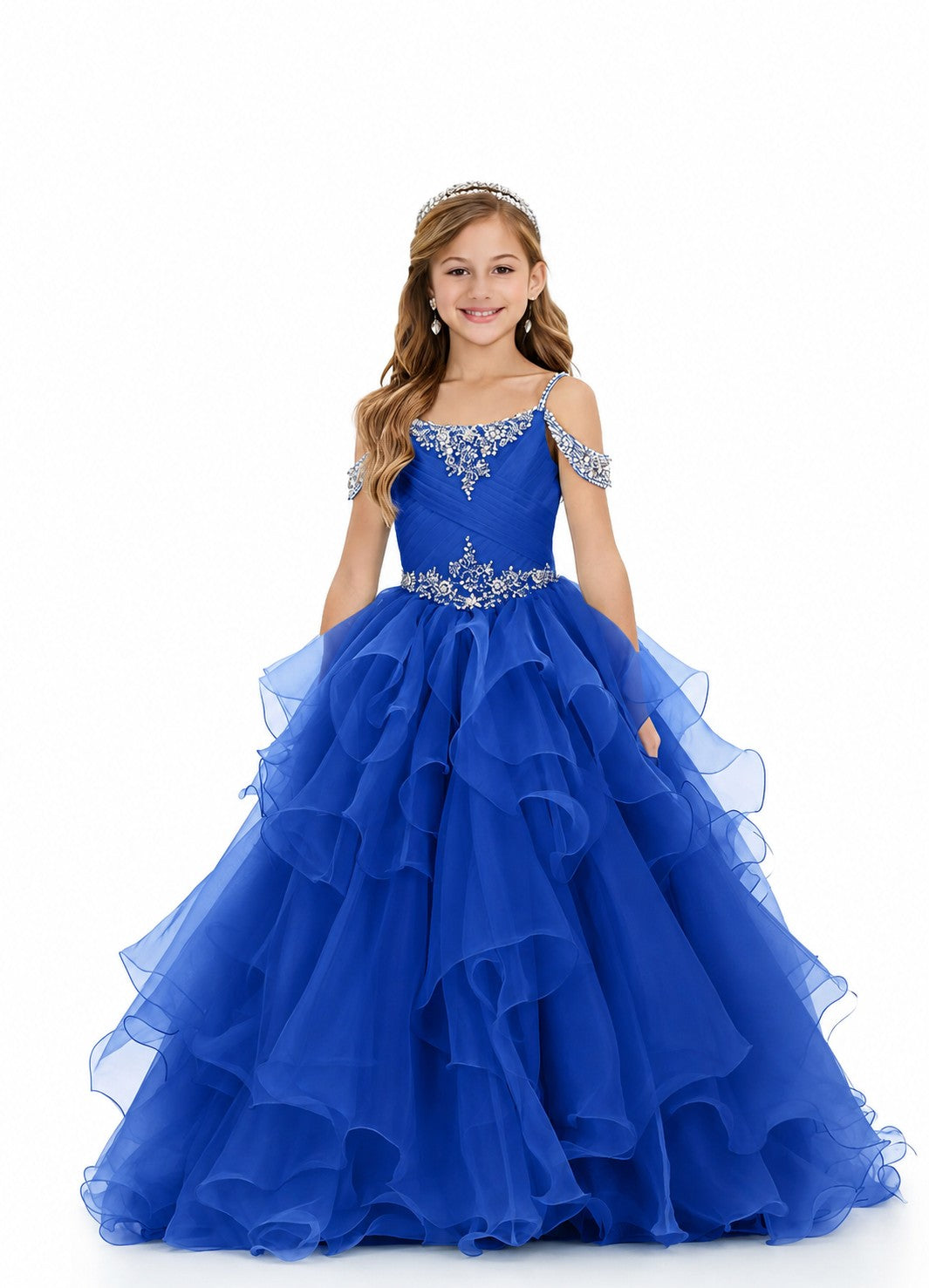 Girls' royal blue off-shoulder ruffle sparkling rhinestone pageant ball gown – Girwem GRPD10002