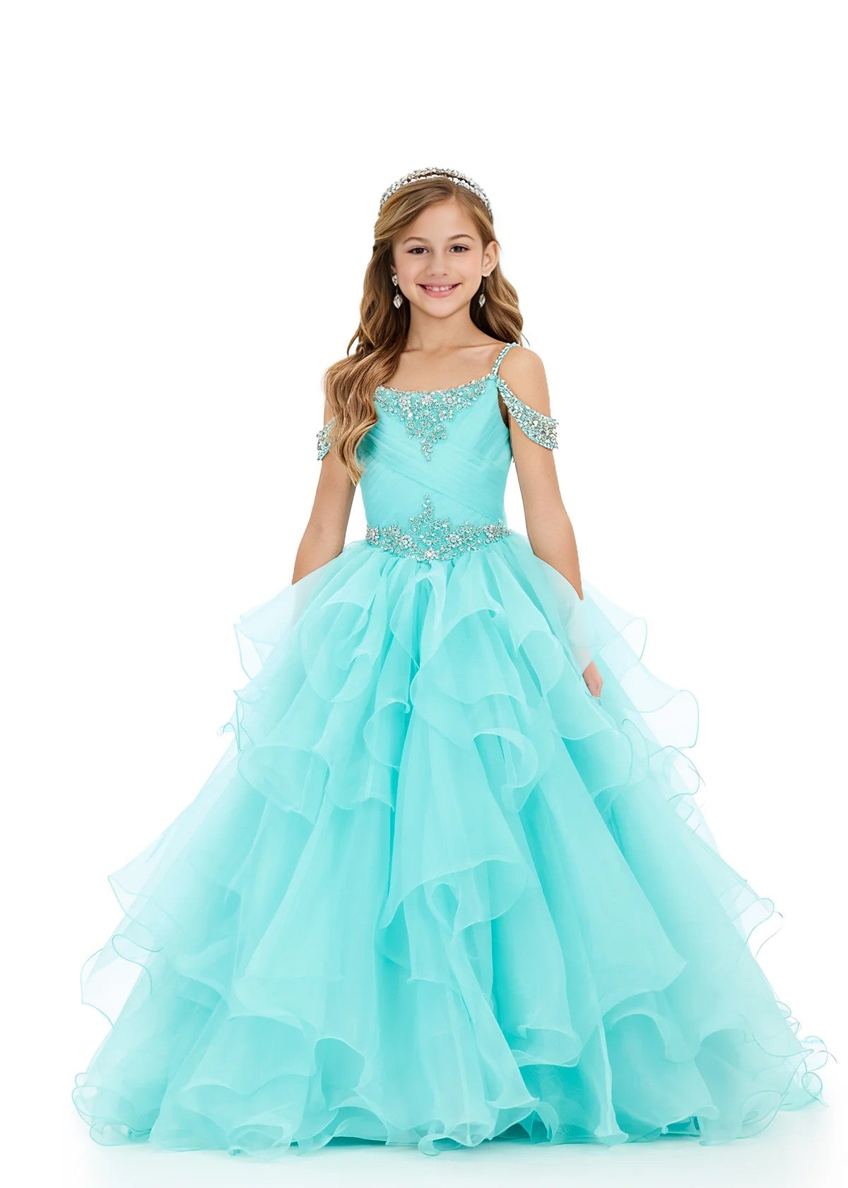 Girls' turquoise off-shoulder ruffle sparkling rhinestone pageant ball gown – Girwem GRPD10002
