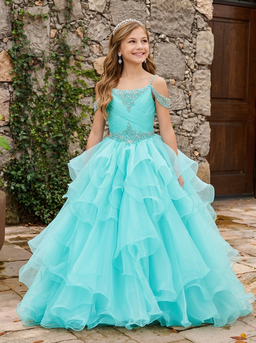 Girls' turquoise off-shoulder ruffle sparkling rhinestone pageant dress, alternate view 2 – Girwem GRPD10002