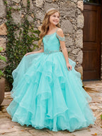 Girls' turquoise off-shoulder ruffle sparkling rhinestone pageant dress, alternate view 4 – Girwem GRPD10002