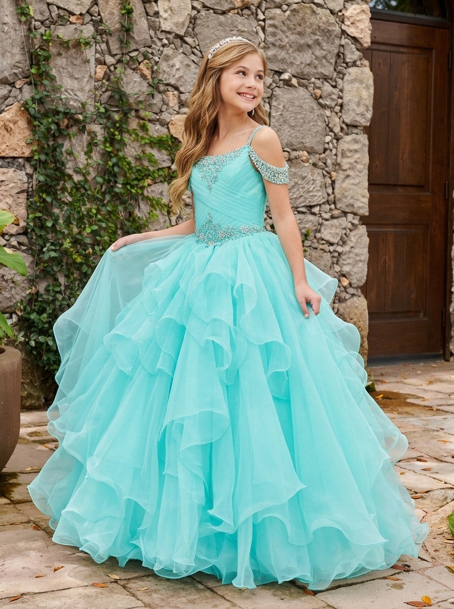 Girls' turquoise off-shoulder ruffle sparkling rhinestone pageant dress, alternate view 4 – Girwem GRPD10002