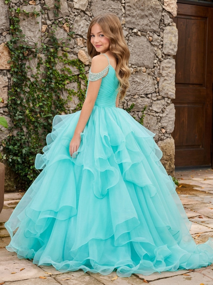 Girls' turquoise off-shoulder ruffle sparkling rhinestone pageant dress, alternate view 5 – Girwem GRPD10002