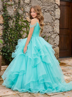 Girls' turquoise off-shoulder ruffle sparkling rhinestone pageant dress, alternate view 5 – Girwem GRPD10002