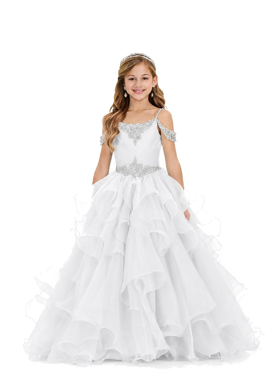 Girls' white off-shoulder ruffle sparkling rhinestone pageant ball gown – Girwem GRPD10002