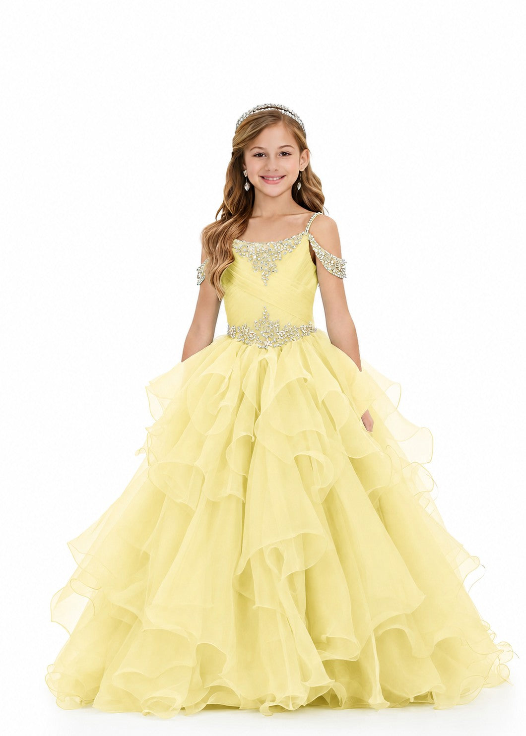 Girls' yellow off-shoulder ruffle sparkling rhinestone pageant ball gown – Girwem GRPD10002