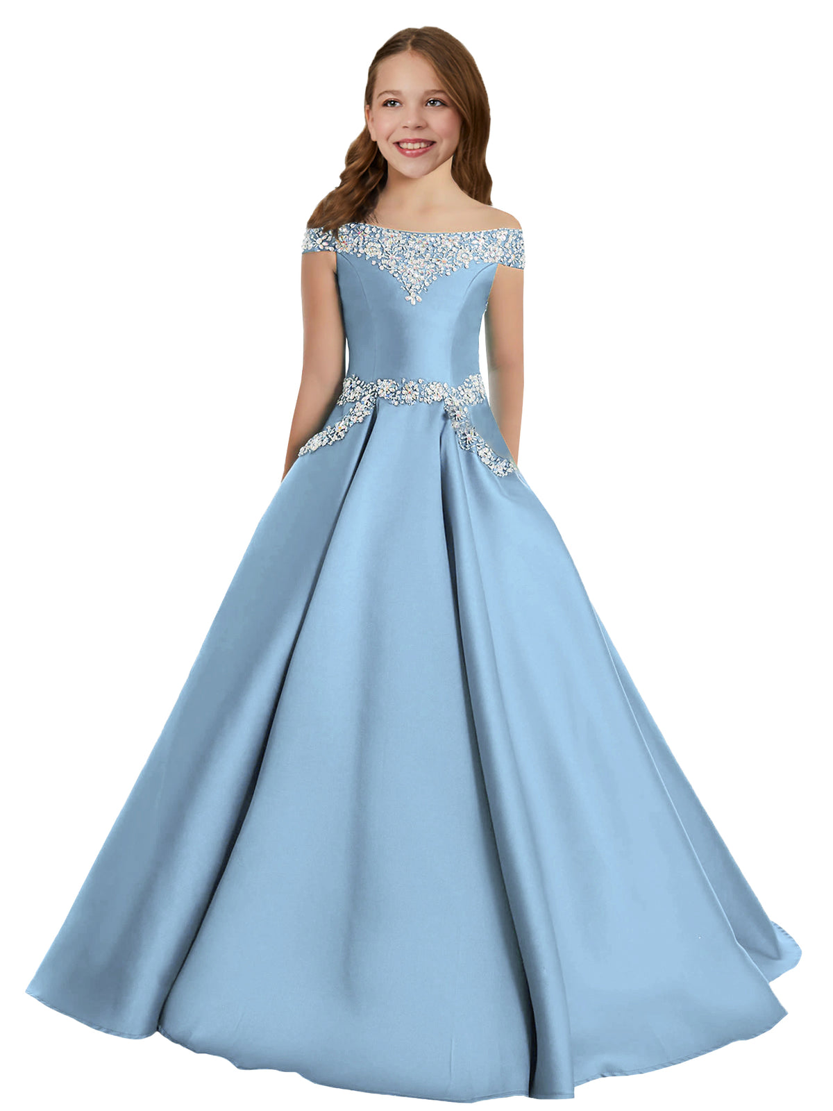 Baby Blue girls' off-the-shoulder satin A-line pageant dress with pockets