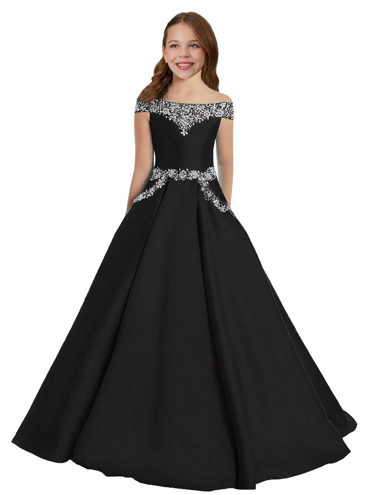 Black girls' off-the-shoulder satin A-line pageant dress with pockets