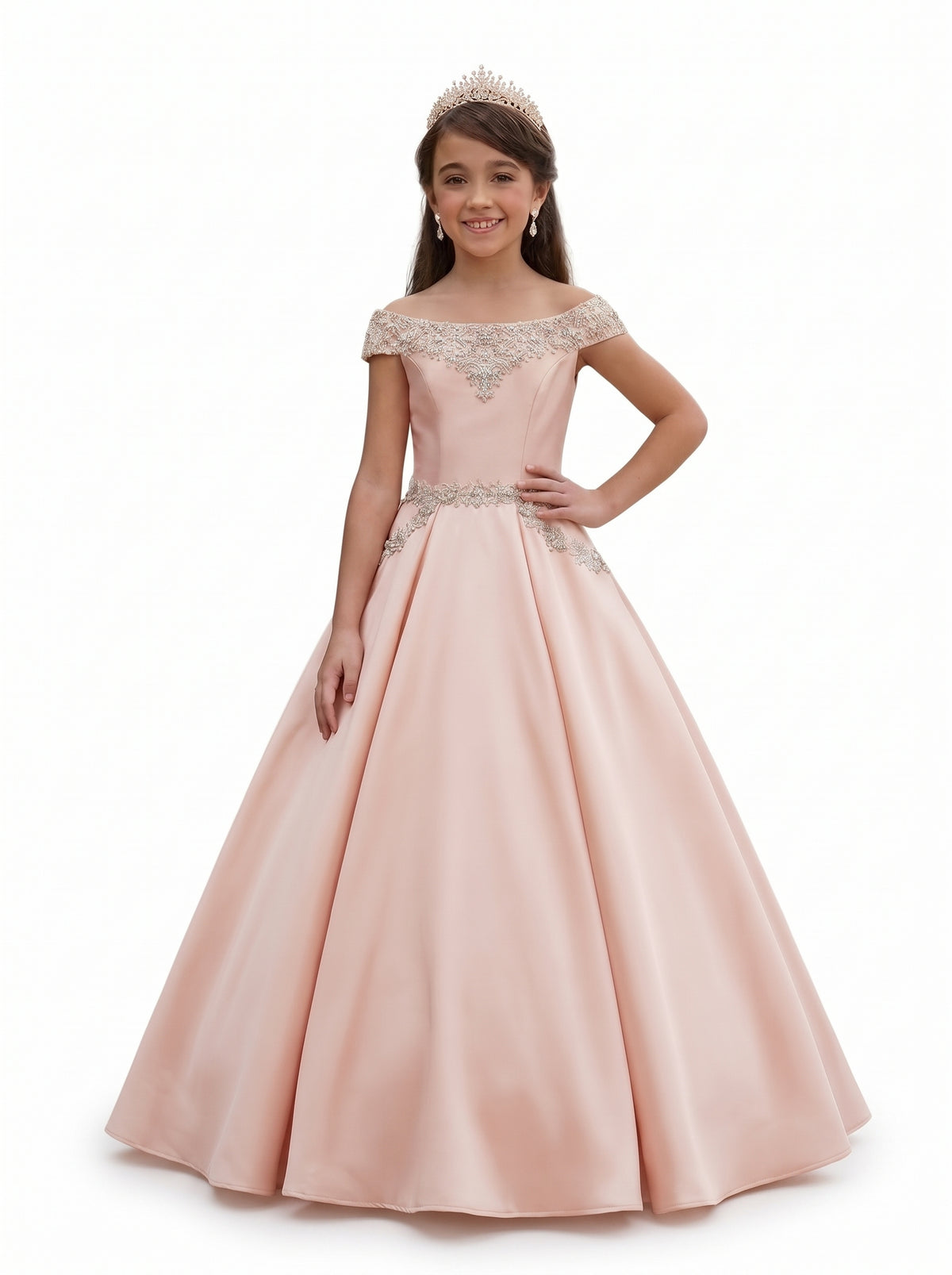 Blush Pink girls' off-the-shoulder satin A-line pageant dress with pockets