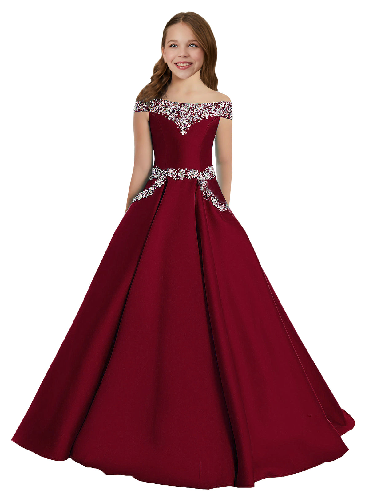 Burgundy girls' off-the-shoulder satin A-line pageant dress with pockets