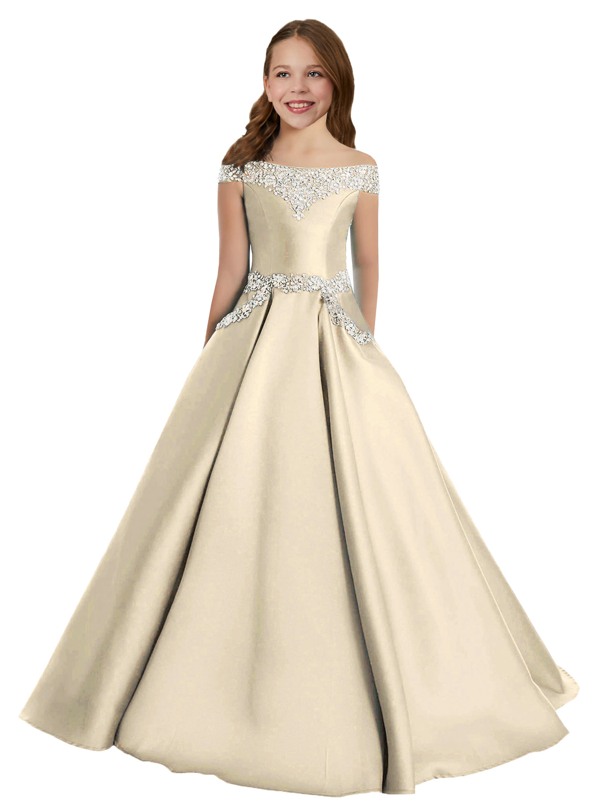 Champagne girls' off-the-shoulder satin A-line pageant dress with pockets