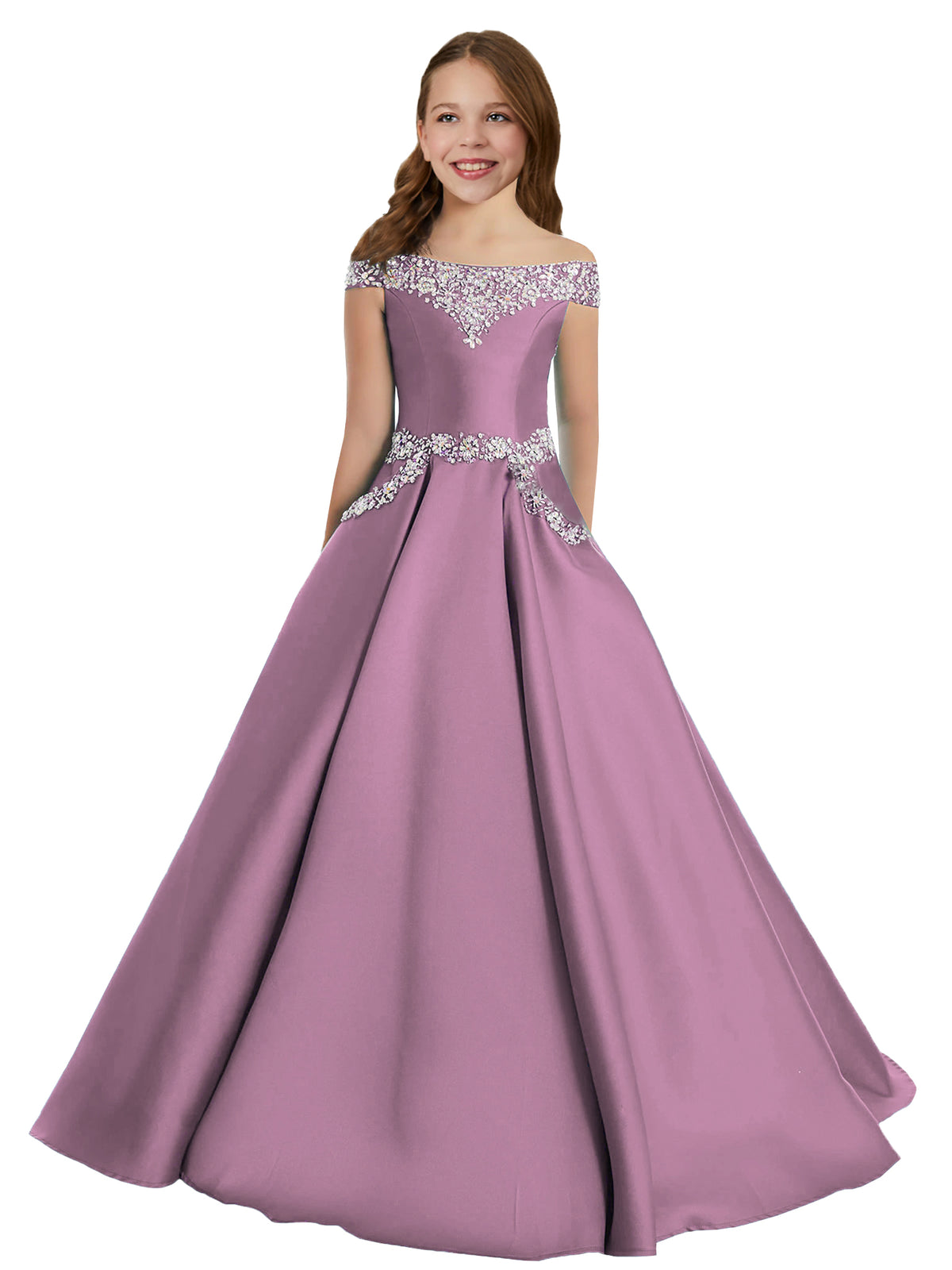Dusty Rose girls' off-the-shoulder satin A-line pageant dress with pockets