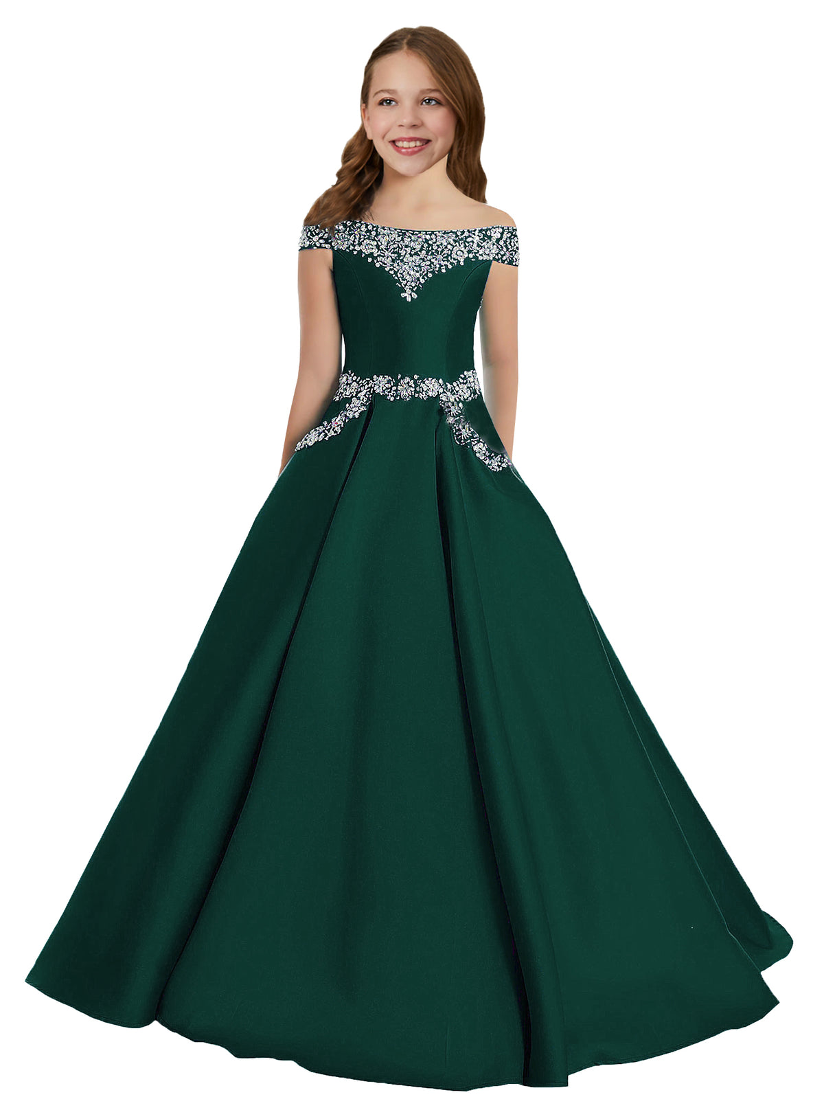 Emerald Green girls' off-the-shoulder satin A-line pageant dress with pockets