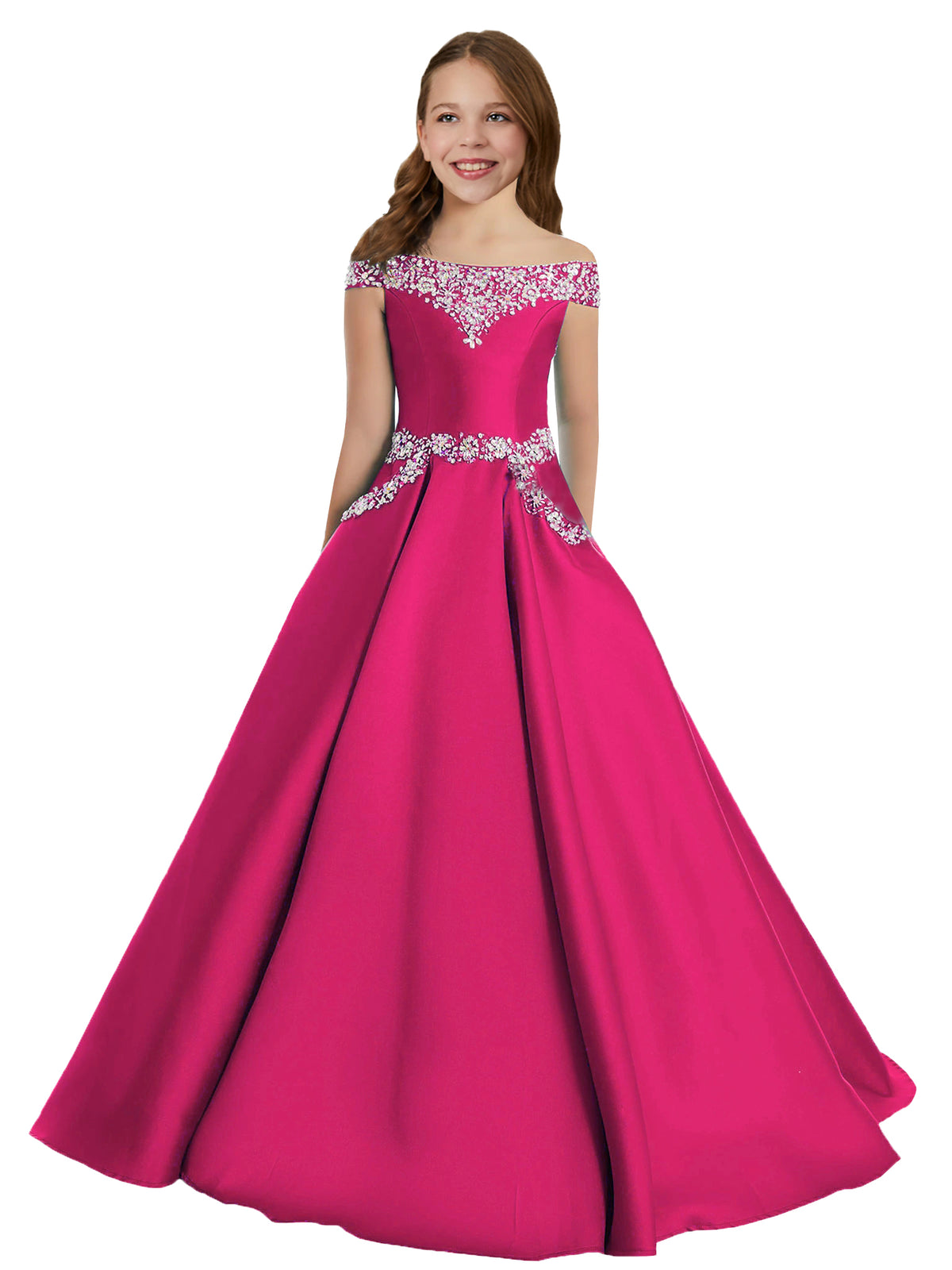 Fuchsia girls' off-the-shoulder satin A-line pageant dress with pockets