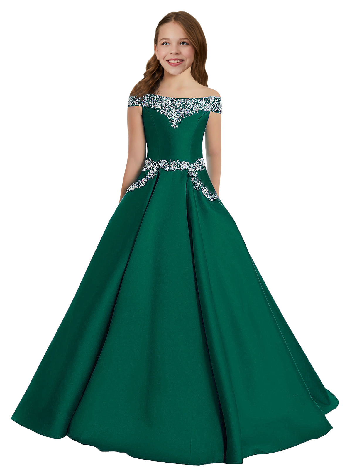 Green girls' off-the-shoulder satin A-line pageant dress with pockets