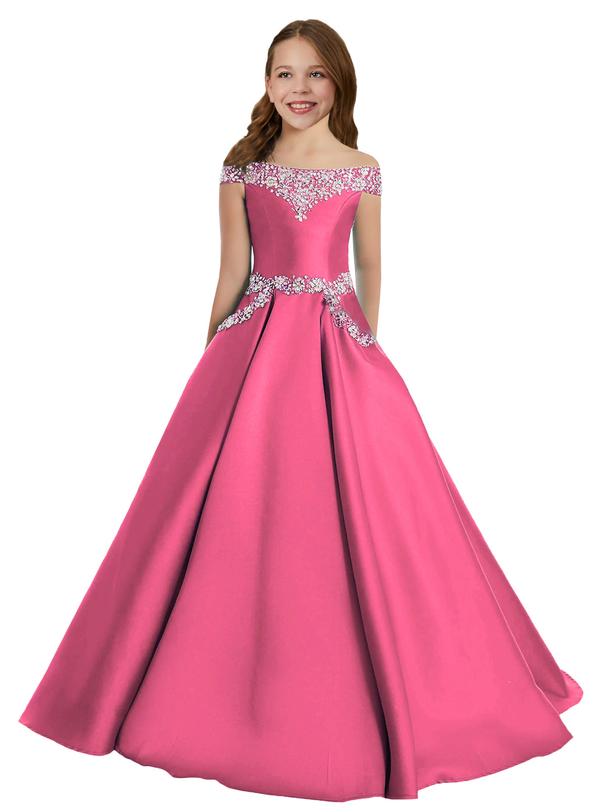 Hot Pink girls' off-the-shoulder satin A-line pageant dress with pockets