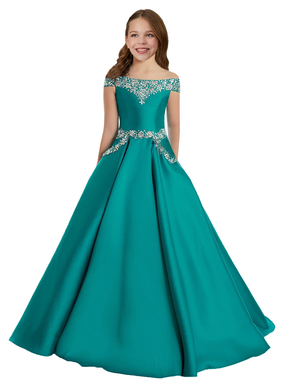 Jade girls' off-the-shoulder satin A-line pageant dress with pockets