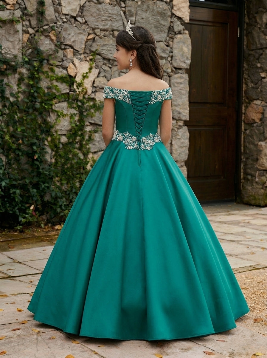 Jade girls' off-the-shoulder satin A-line pageant dress with pockets – view 06
