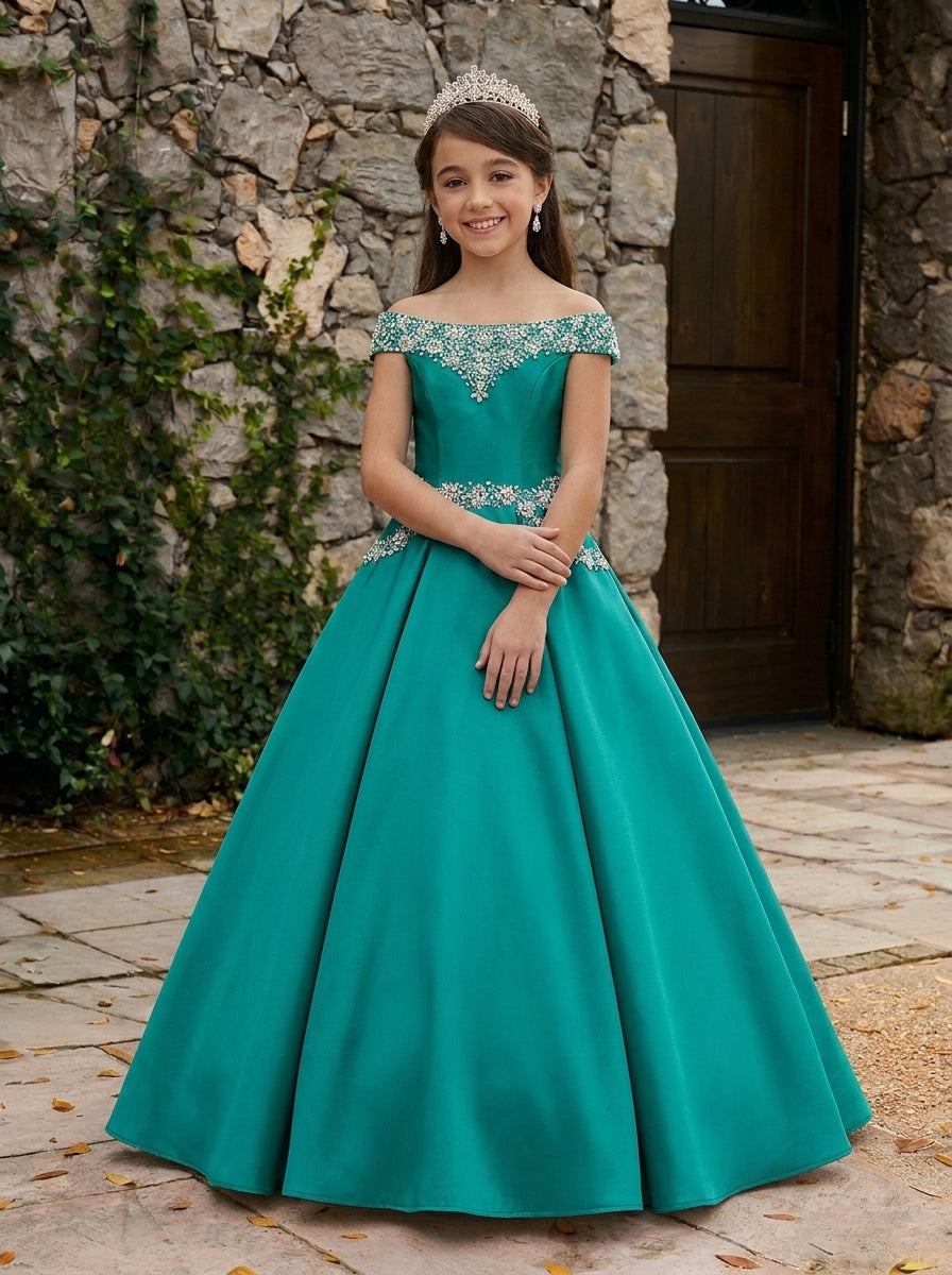 Jade girls' off-the-shoulder satin A-line pageant dress with pockets – view 07