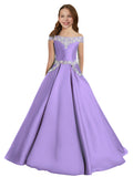 Lavender girls' off-the-shoulder satin A-line pageant dress with pockets